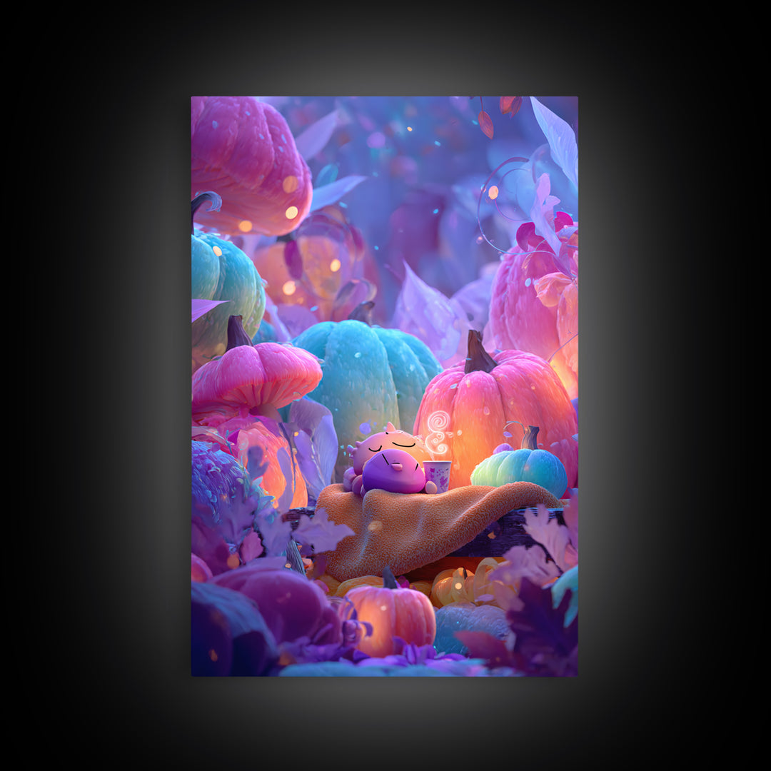 The Monster Hide-And-Seek Game, Synthwave Halloween Art, Vertical Wall Art, Canvas Print, Retro Halloween Decor, Neon Wall Art