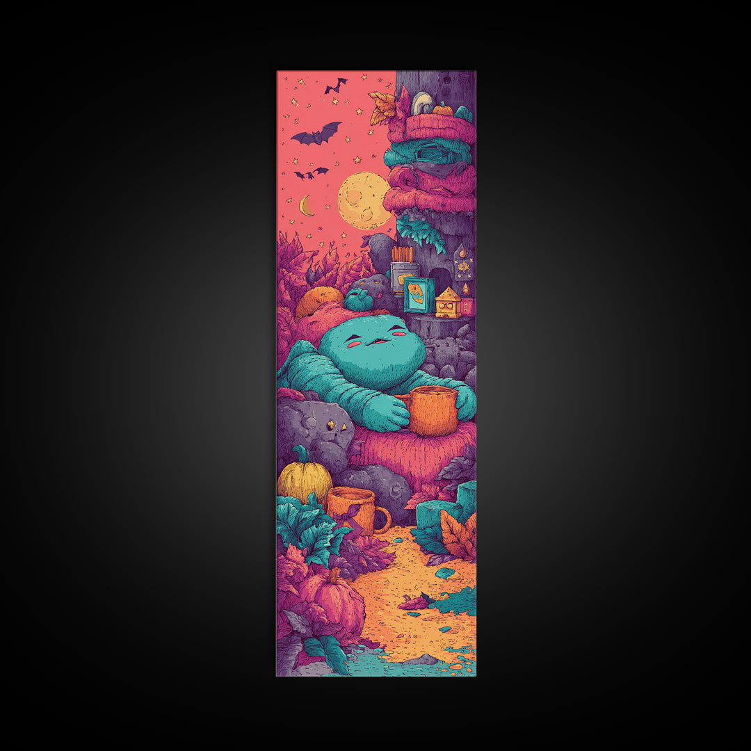 The Monster Hide-And-Seek Game, Cute Spooky Neon Art, Tall Narrow Wall Art, Canvas Print, Retro Halloween Decor, Neon Wall Art