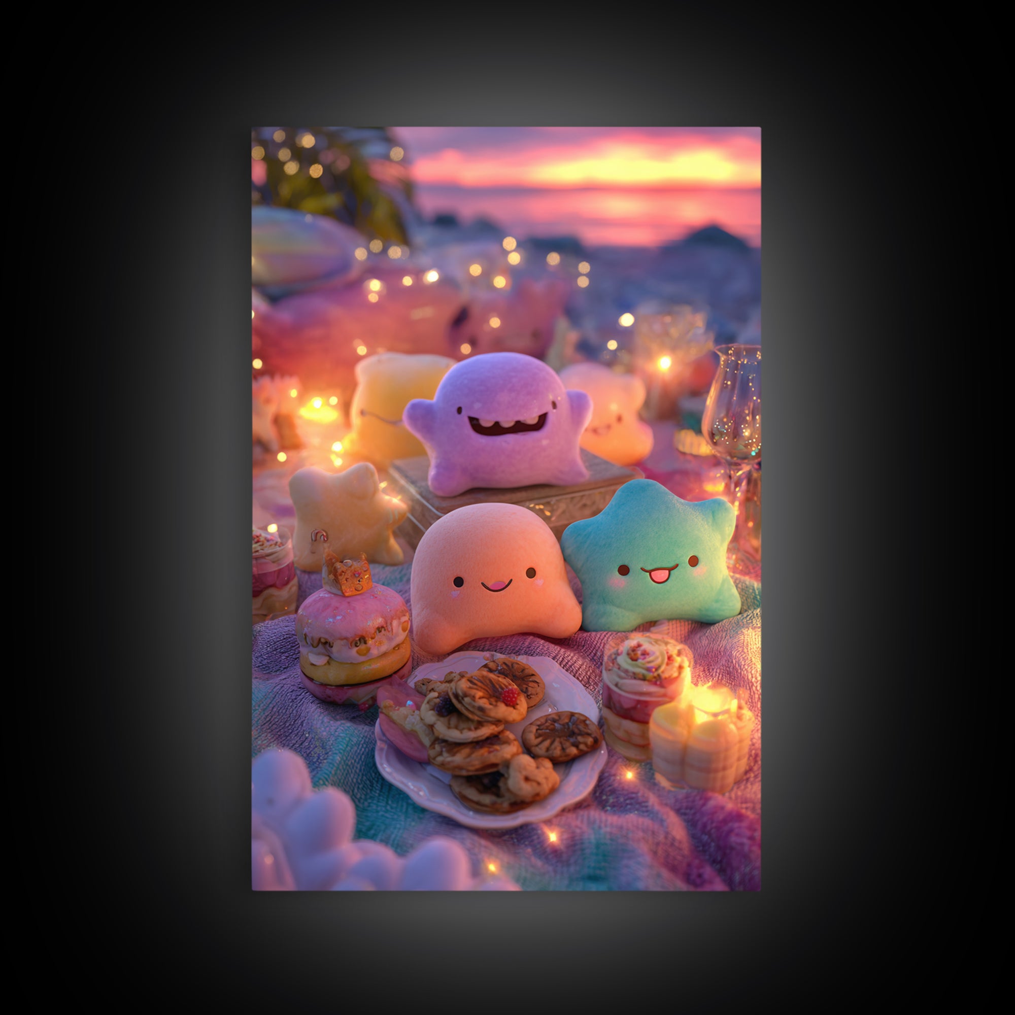 The Monster Friendship Picnic, Cute Spooky Neon Art, Vertical Wall Art, Canvas Print, Retro Halloween Decor, Neon Wall Art, Dark Fantasy Art