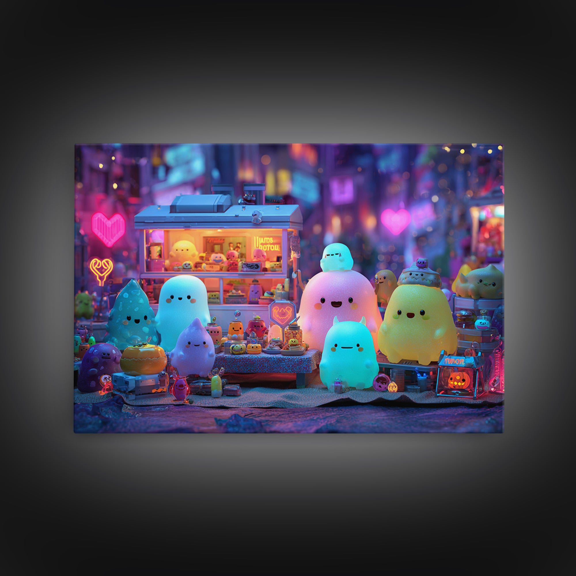 The Monster Friendship Picnic, Retro Neon Halloween Art, Landscape Wall Art, Framed Canvas Print, Retro Halloween Decor, Neon Wall Art