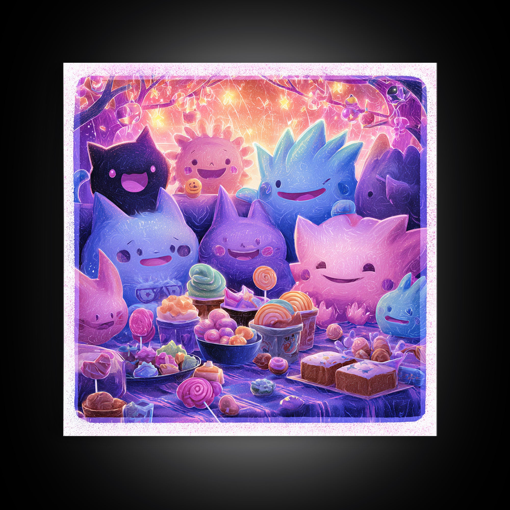 The Monster Friendship Picnic, Vaporwave Halloween Decor, Square Wall Art, Canvas Print, Retro Halloween Decor, Neon Wall Art
