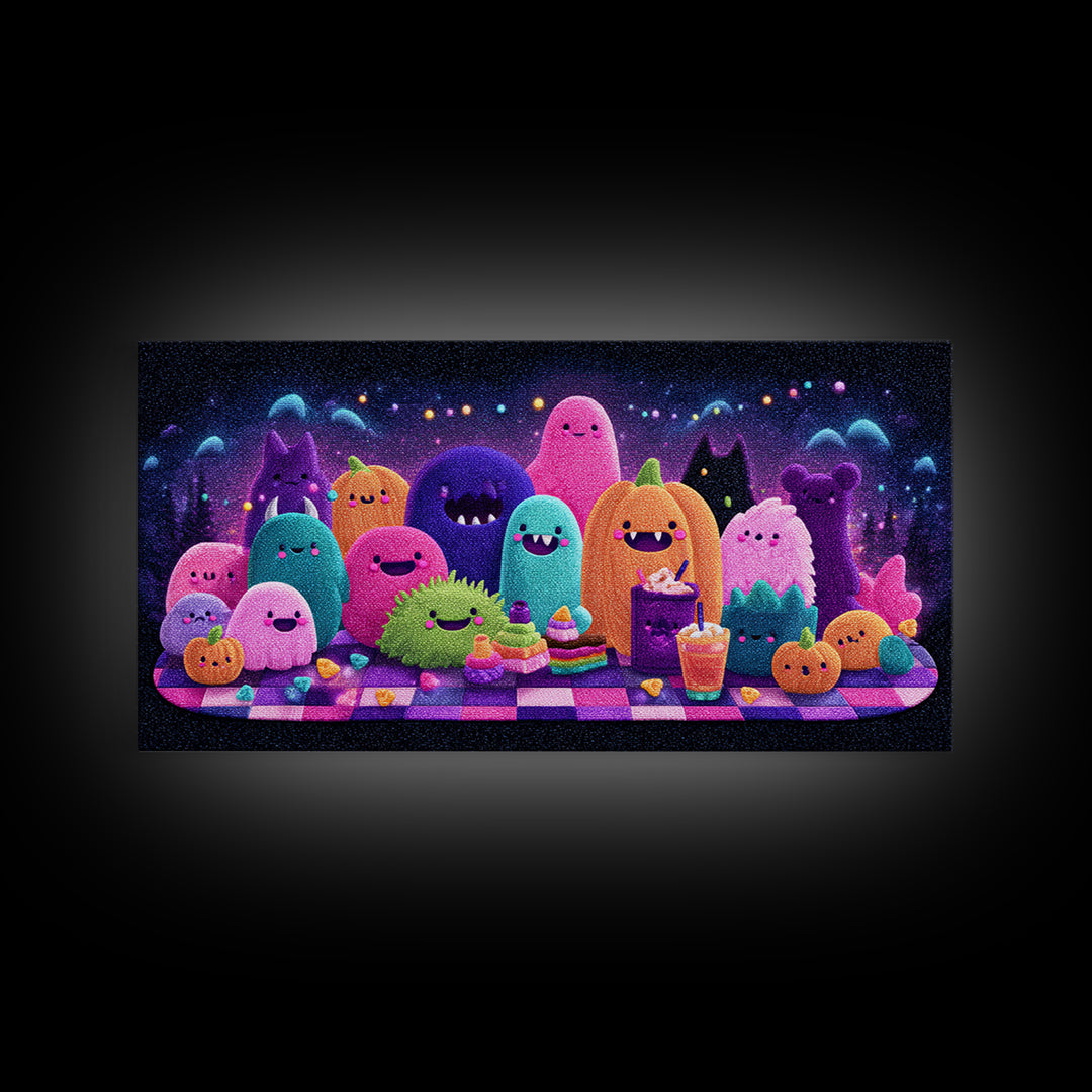 The Monster Friendship Picnic, Retro Neon Halloween Art, Wide Panoramic Art, Canvas Print, Retro Halloween Decor, Neon Wall Art