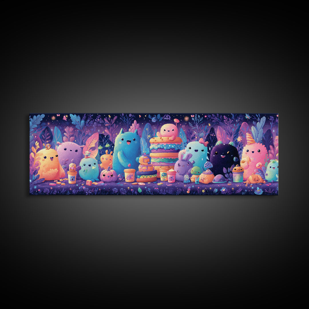 The Monster Friendship Picnic, Synthwave Halloween Art, Extra Wide Wall Art, Framed Canvas Print, Retro Halloween Decor, Neon Wall Art