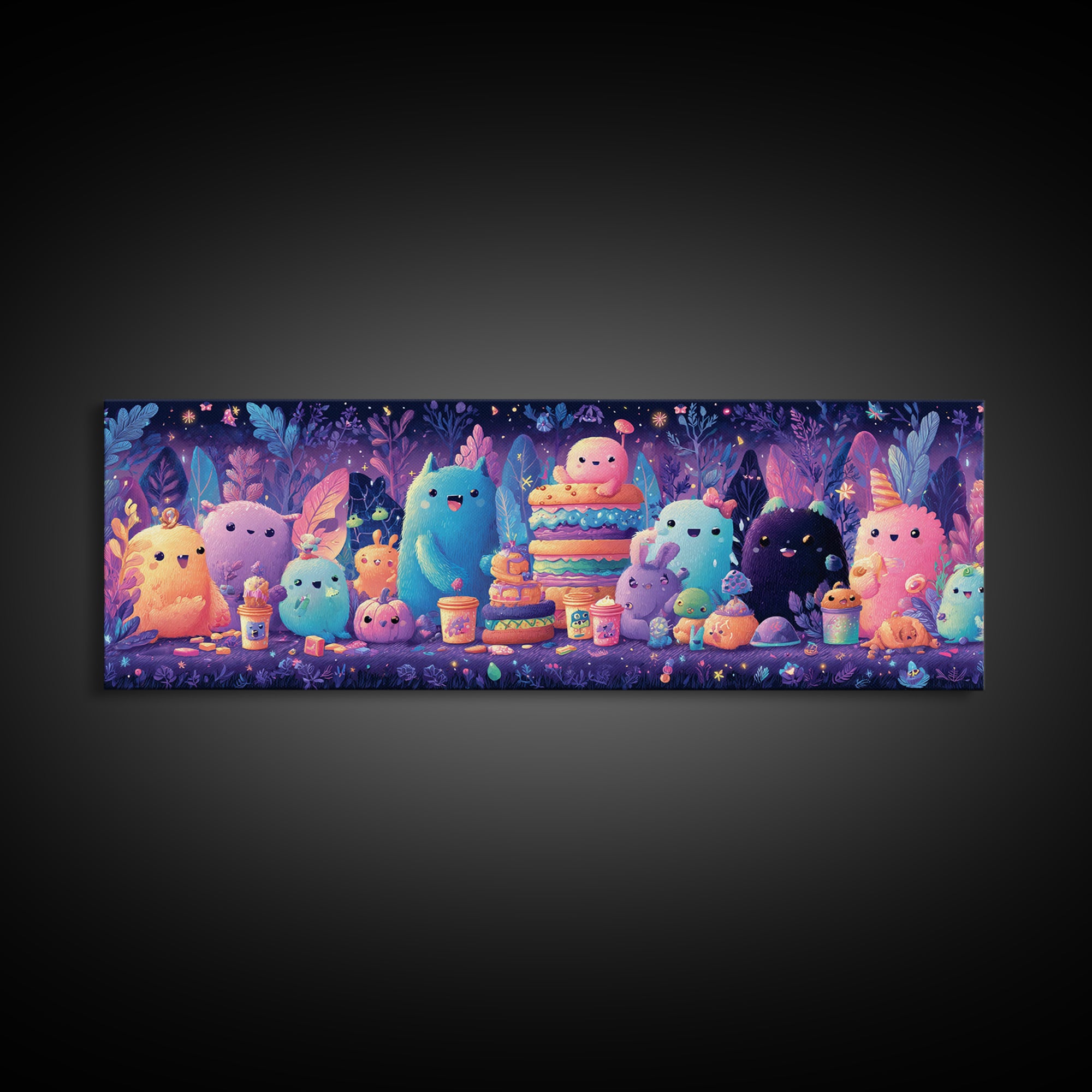 The Monster Friendship Picnic, Synthwave Halloween Art, Extra Wide Wall Art, Framed Canvas Print, Retro Halloween Decor, Neon Wall Art