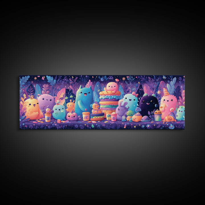 The Monster Friendship Picnic, Synthwave Halloween Art, Extra Wide Wall Art, Framed Canvas Print, Retro Halloween Decor, Neon Wall Art