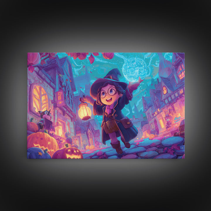 The Trick-Or-Treat Treasure Hunt, 80s Halloween Wall Art, Landscape Wall Art, Framed Canvas Print, Retro Halloween Decor, Neon Wall Art