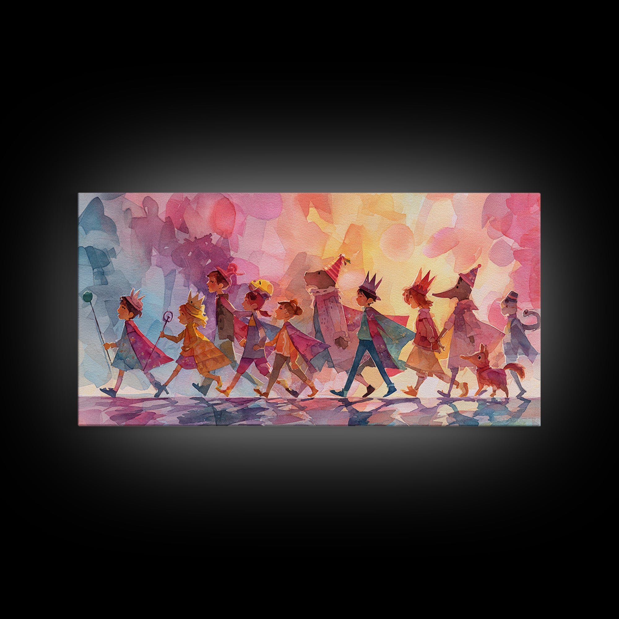 The Costume Parade, Retro Neon Halloween Art, Wide Panoramic Art, Canvas Print, Retro Halloween Decor, Neon Wall Art, Seasonal Home Decor