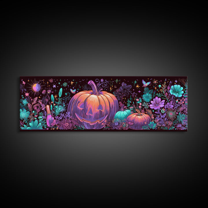 The Pumpkin Painting Party, 80s Halloween Wall Art, Extra Wide Wall Art, Canvas Print, Retro Halloween Decor, Neon Wall Art