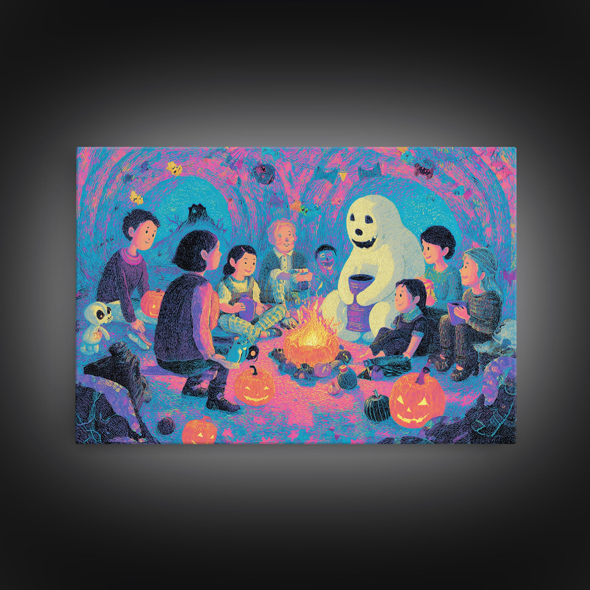 The Halloween Story Circle, Retro Neon Halloween Art, Landscape Wall Art, Canvas Print, Retro Halloween Decor, Neon Wall Art