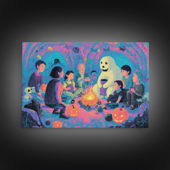 The Halloween Story Circle, Retro Neon Halloween Art, Landscape Wall Art, Canvas Print, Retro Halloween Decor, Neon Wall Art