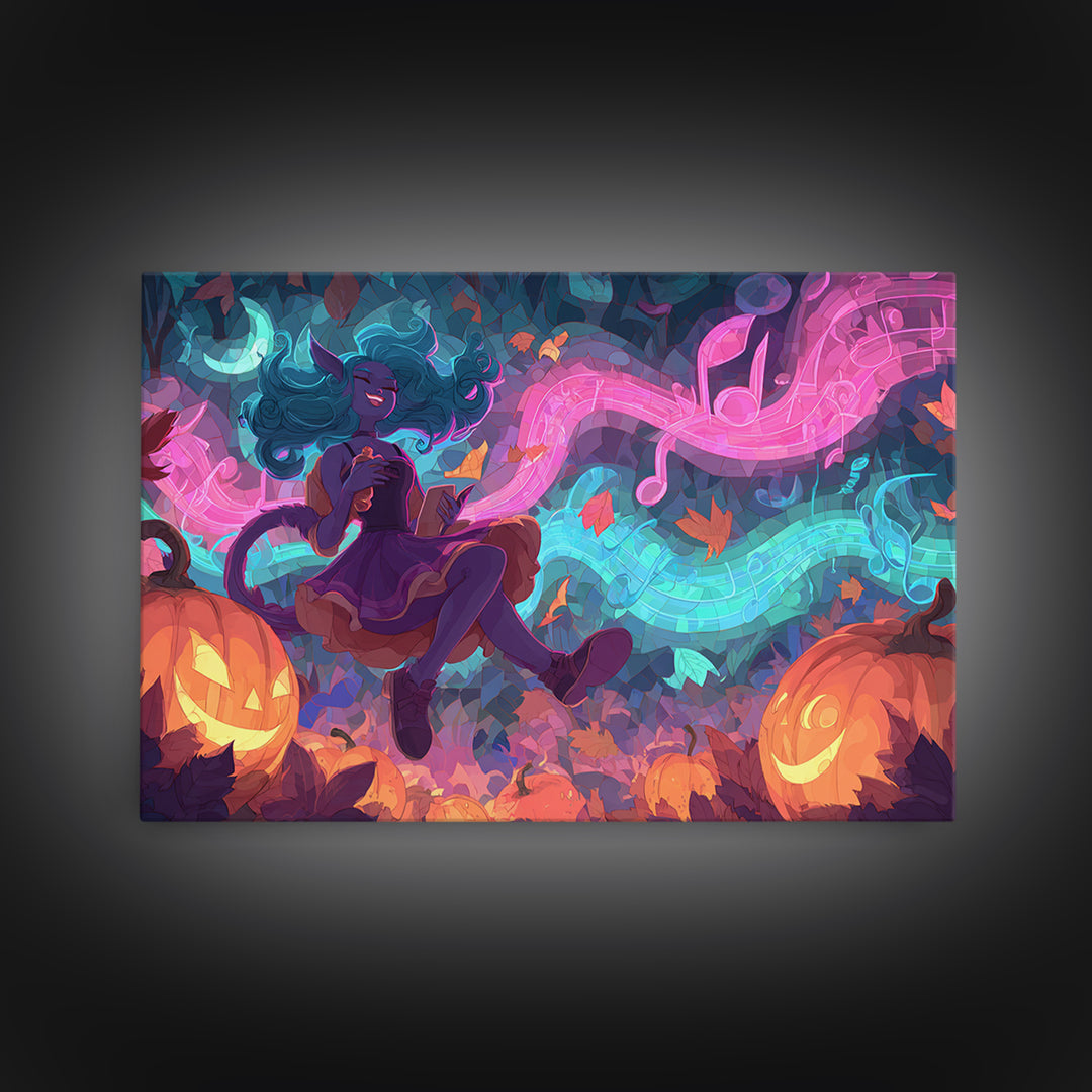 The Moonlight Dance Party, Retro Neon Halloween Art, Landscape Wall Art, Framed Canvas Print, Retro Halloween Decor, Neon Wall Art