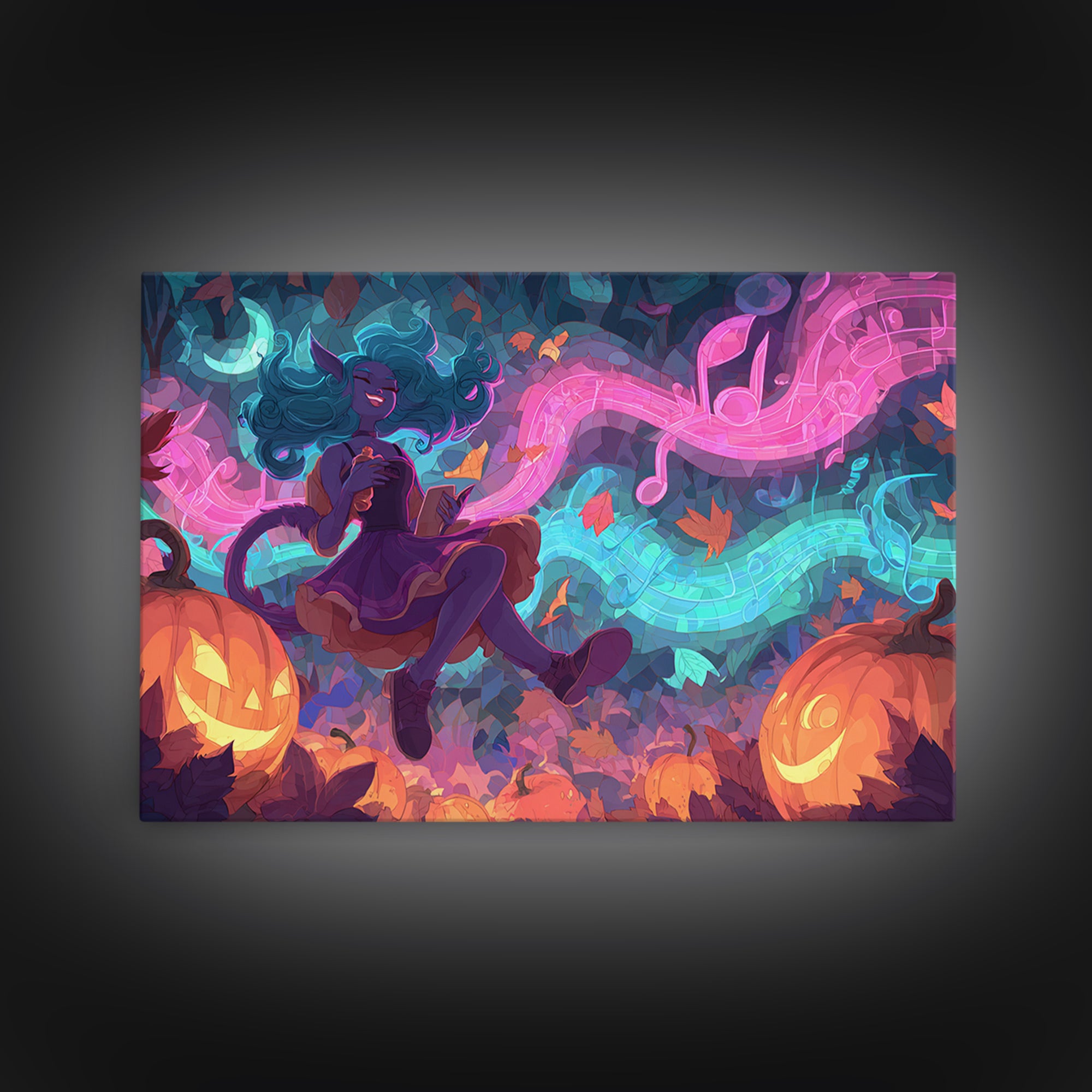 The Moonlight Dance Party, Retro Neon Halloween Art, Landscape Wall Art, Framed Canvas Print, Retro Halloween Decor, Neon Wall Art