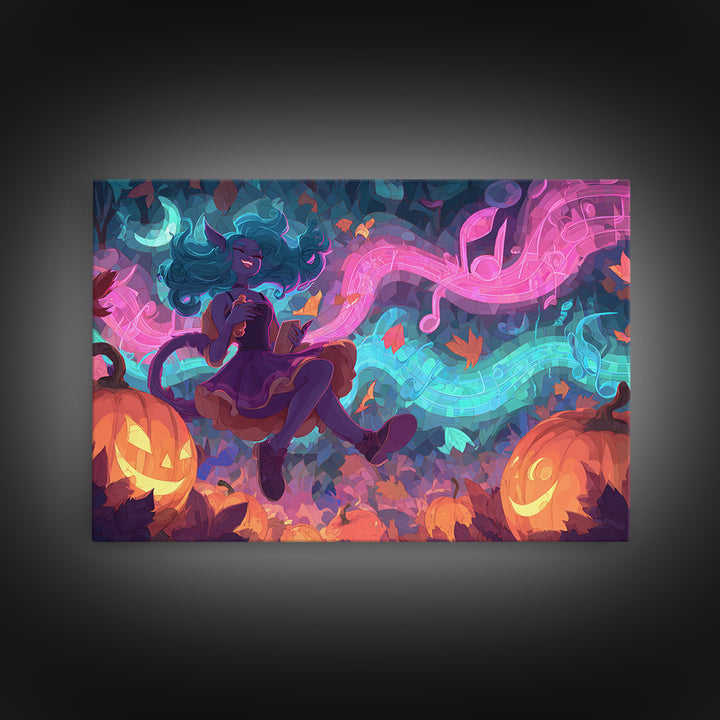 The Moonlight Dance Party, Retro Neon Halloween Art, Landscape Wall Art, Framed Canvas Print, Retro Halloween Decor, Neon Wall Art
