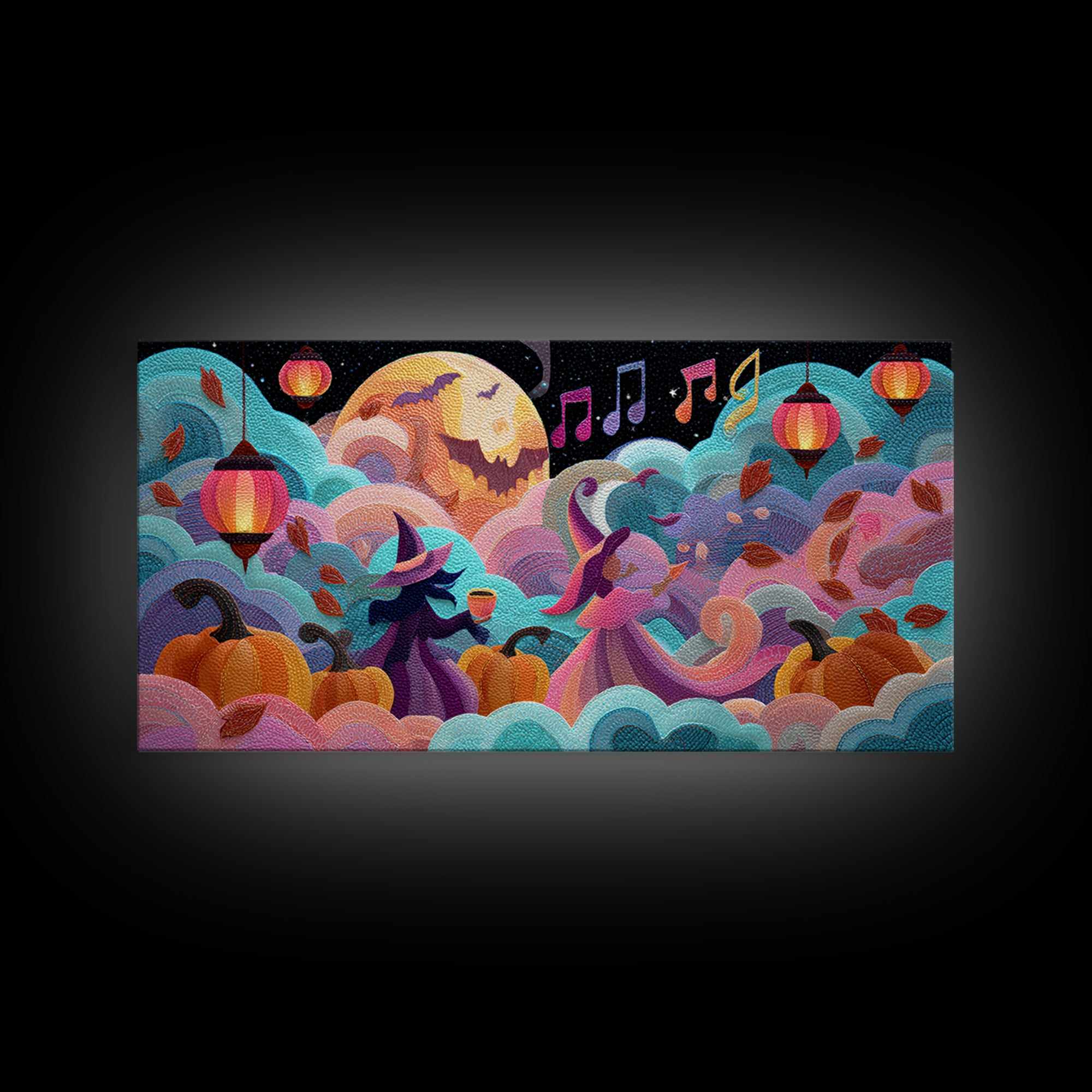 The Moonlight Dance Party, Cute Spooky Neon Art, Wide Panoramic Art, Framed Canvas Print, Retro Halloween Decor, Neon Wall Art