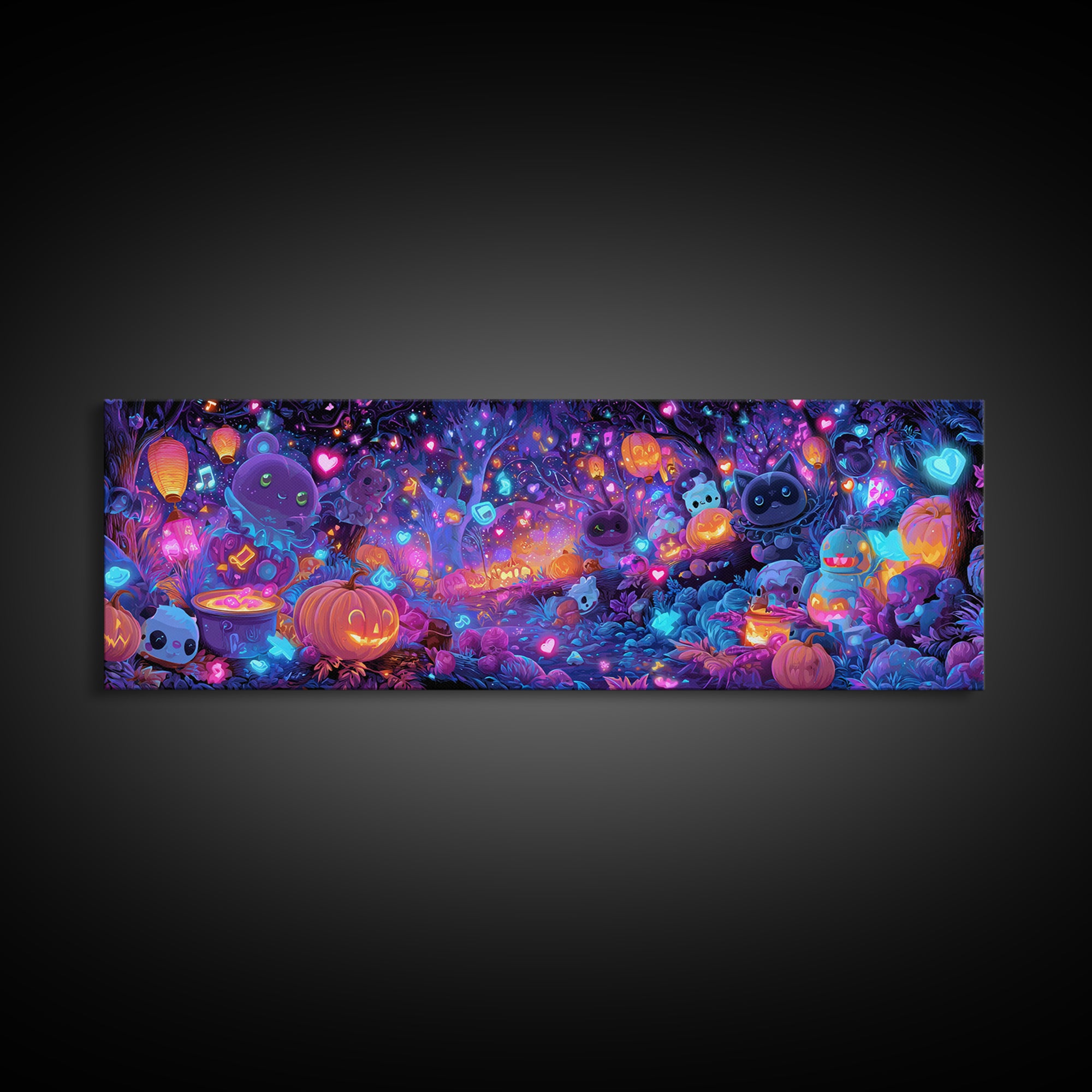 The Moonlight Dance Party, Synthwave Halloween Art, Extra Wide Wall Art, Canvas Print, Retro Halloween Decor, Neon Wall Art
