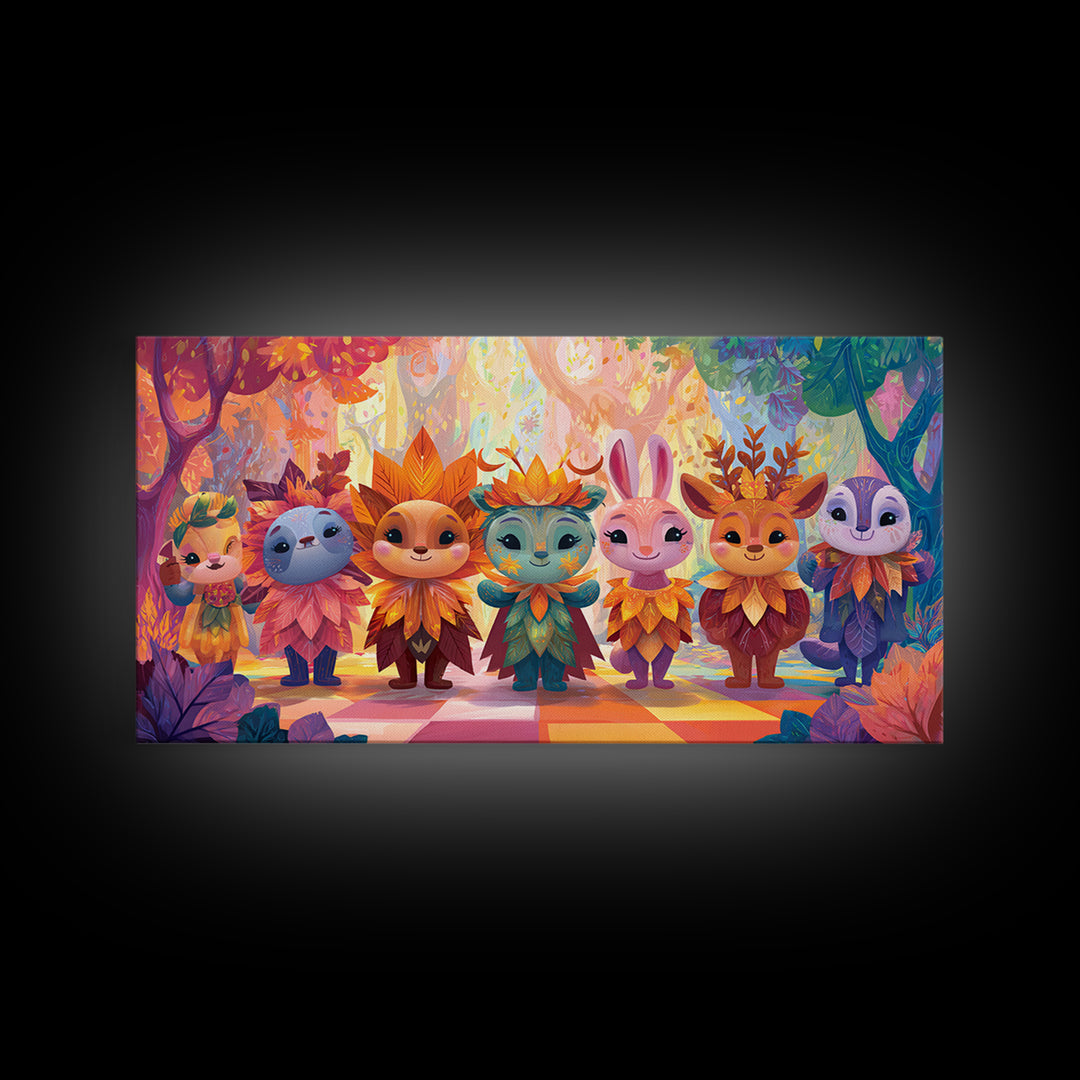The Autumn Leaf Costume Contest, Cute Spooky Neon Art, Wide Panoramic Art, Canvas Print, Retro Halloween Decor, Neon Wall Art
