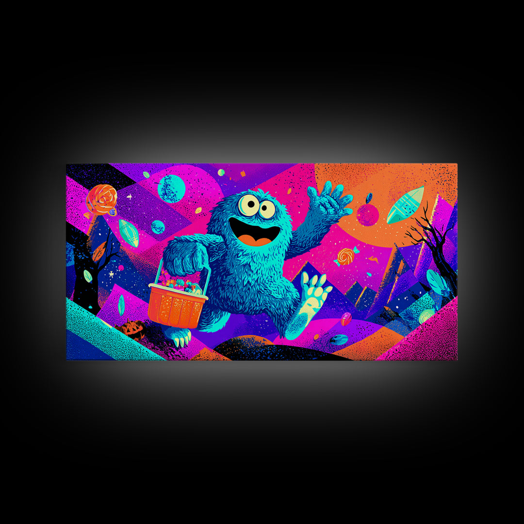 The Candy Bucket Relay Race, Cute Spooky Neon Art, Wide Panoramic Art, Canvas Print, Retro Halloween Decor, Neon Wall Art, Dark Fantasy Art