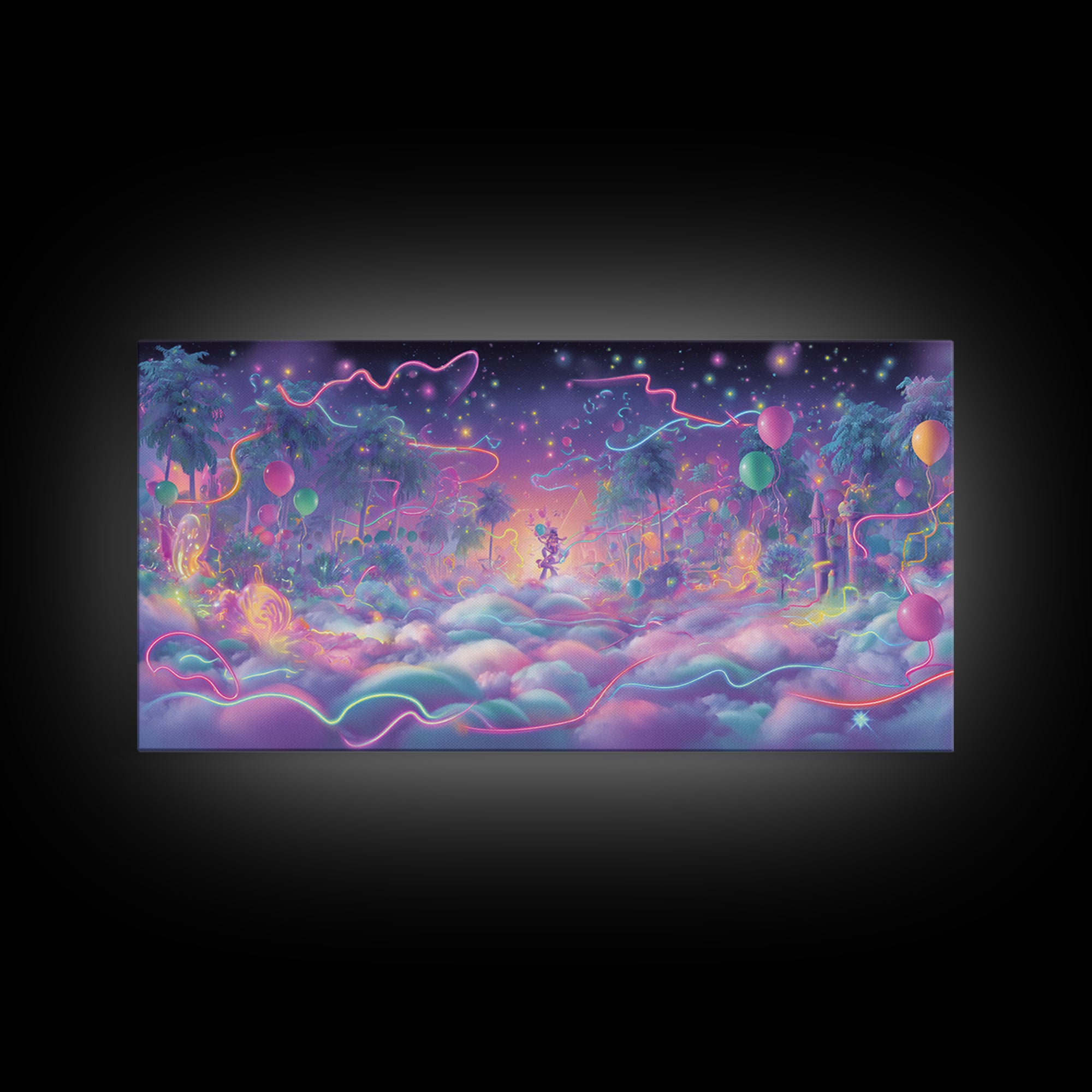 The Broomstick Obstacle Course, Vaporwave Halloween Decor, Wide Panoramic Art, Framed Canvas Print, Retro Halloween Decor, Neon Wall Art