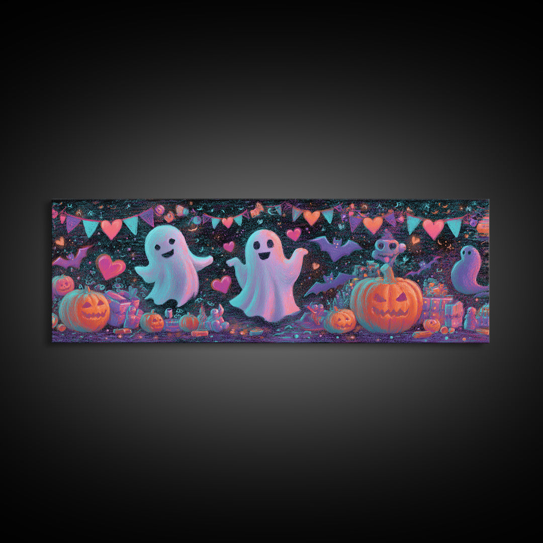 The Halloween Craft Table, Retro Neon Halloween Art, Extra Wide Wall Art, Framed Canvas Print, Retro Halloween Decor, Neon Wall Art