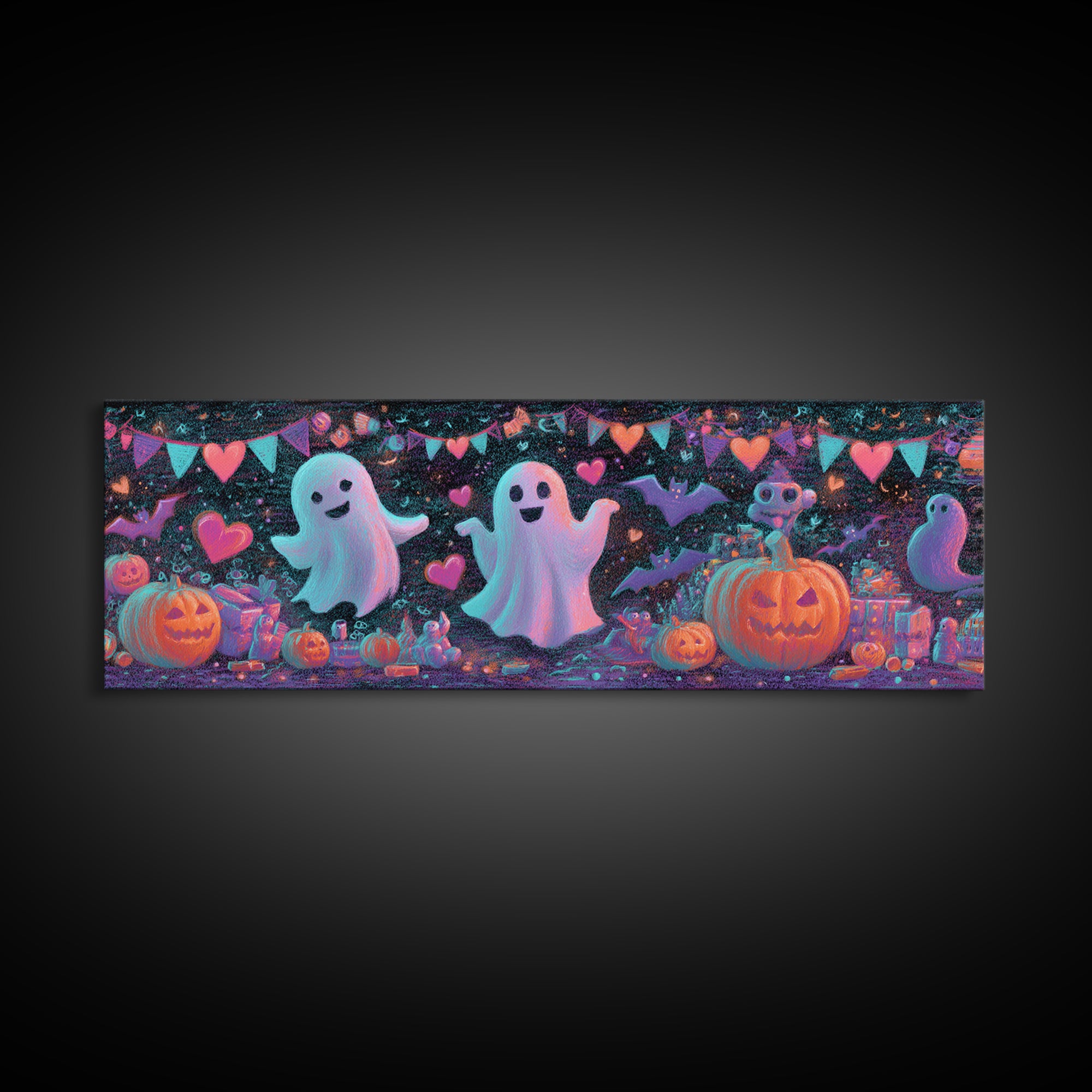 The Halloween Craft Table, Retro Neon Halloween Art, Extra Wide Wall Art, Framed Canvas Print, Retro Halloween Decor, Neon Wall Art
