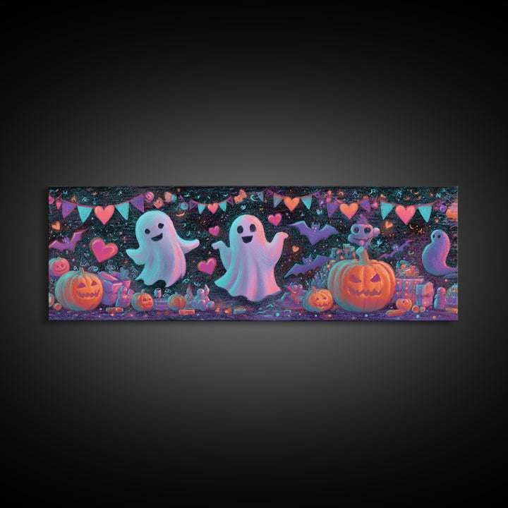 The Halloween Craft Table, Retro Neon Halloween Art, Extra Wide Wall Art, Framed Canvas Print, Retro Halloween Decor, Neon Wall Art