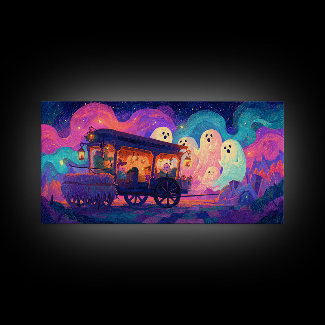 The Friendly Haunted Hayride, 80s Halloween Wall Art, Wide Panoramic Art, Canvas Print, Retro Halloween Decor, Neon Wall Art