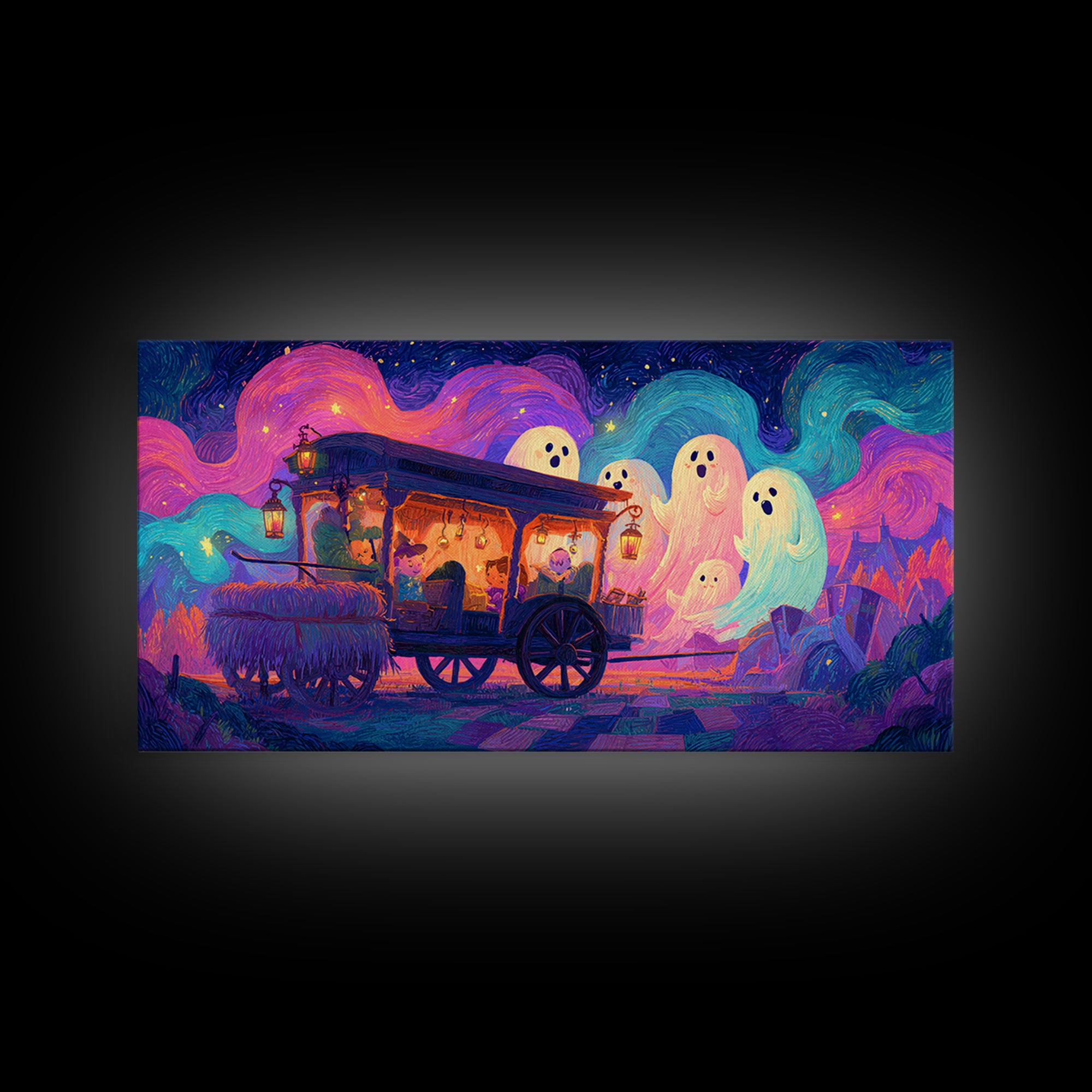The Friendly Haunted Hayride, 80s Halloween Wall Art, Wide Panoramic Art, Canvas Print, Retro Halloween Decor, Neon Wall Art