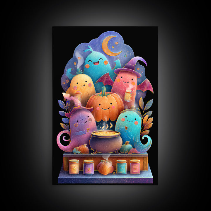 The Pumpkin Pancake Breakfast, Retro Neon Halloween Art, Vertical Wall Art, Canvas Print, Retro Halloween Decor, Neon Wall Art