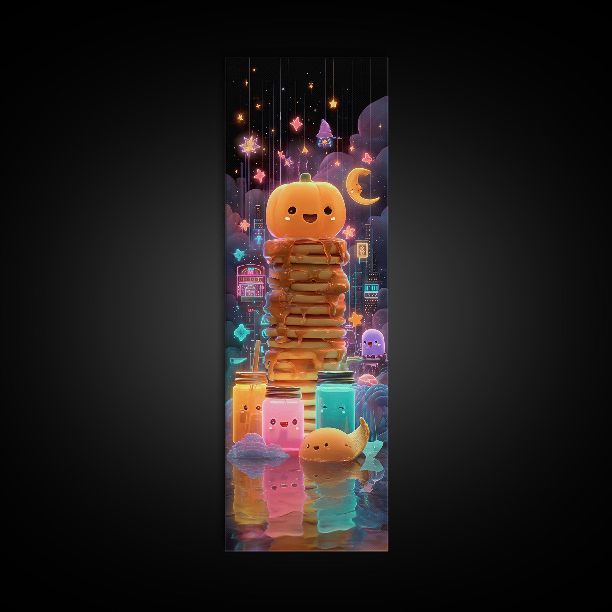 The Pumpkin Pancake Breakfast, Retro Neon Halloween Art, Tall Narrow Wall Art, Canvas Print, Retro Halloween Decor, Neon Wall Art