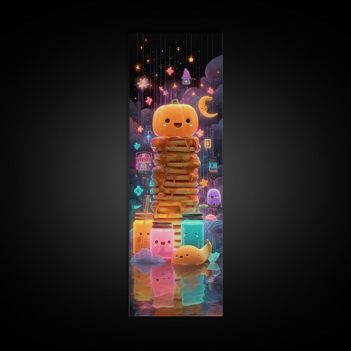 The Pumpkin Pancake Breakfast, Retro Neon Halloween Art, Tall Narrow Wall Art, Canvas Print, Retro Halloween Decor, Neon Wall Art