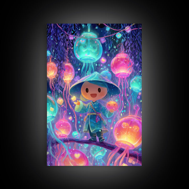 The Lantern-Making Festival, Vaporwave Halloween Decor, Vertical Wall Art, Canvas Print, Retro Halloween Decor, Neon Wall Art