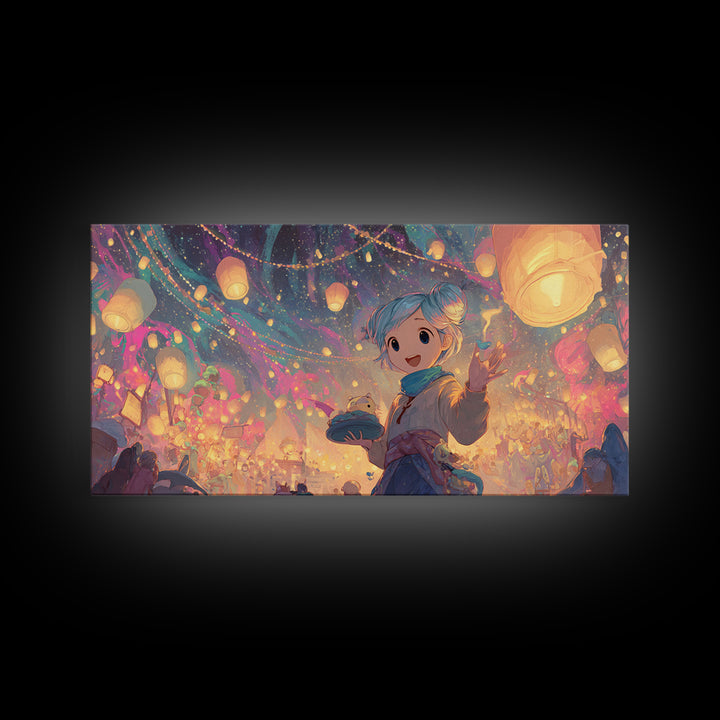 The Lantern-Making Festival, Vaporwave Halloween Decor, Wide Panoramic Art, Canvas Print, Retro Halloween Decor, Neon Wall Art
