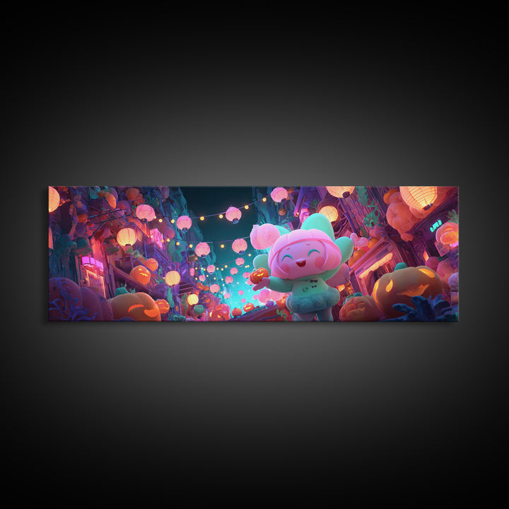 The Lantern-Making Festival, Cute Spooky Neon Art, Extra Wide Wall Art, Framed Canvas Print, Retro Halloween Decor, Neon Wall Art