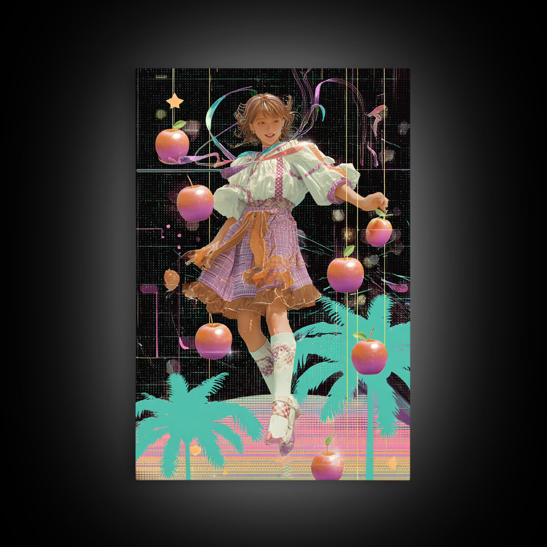The Candy Apple Dance, Vaporwave Halloween Decor, Vertical Wall Art, Framed Canvas Print, Retro Halloween Decor, Neon Wall Art