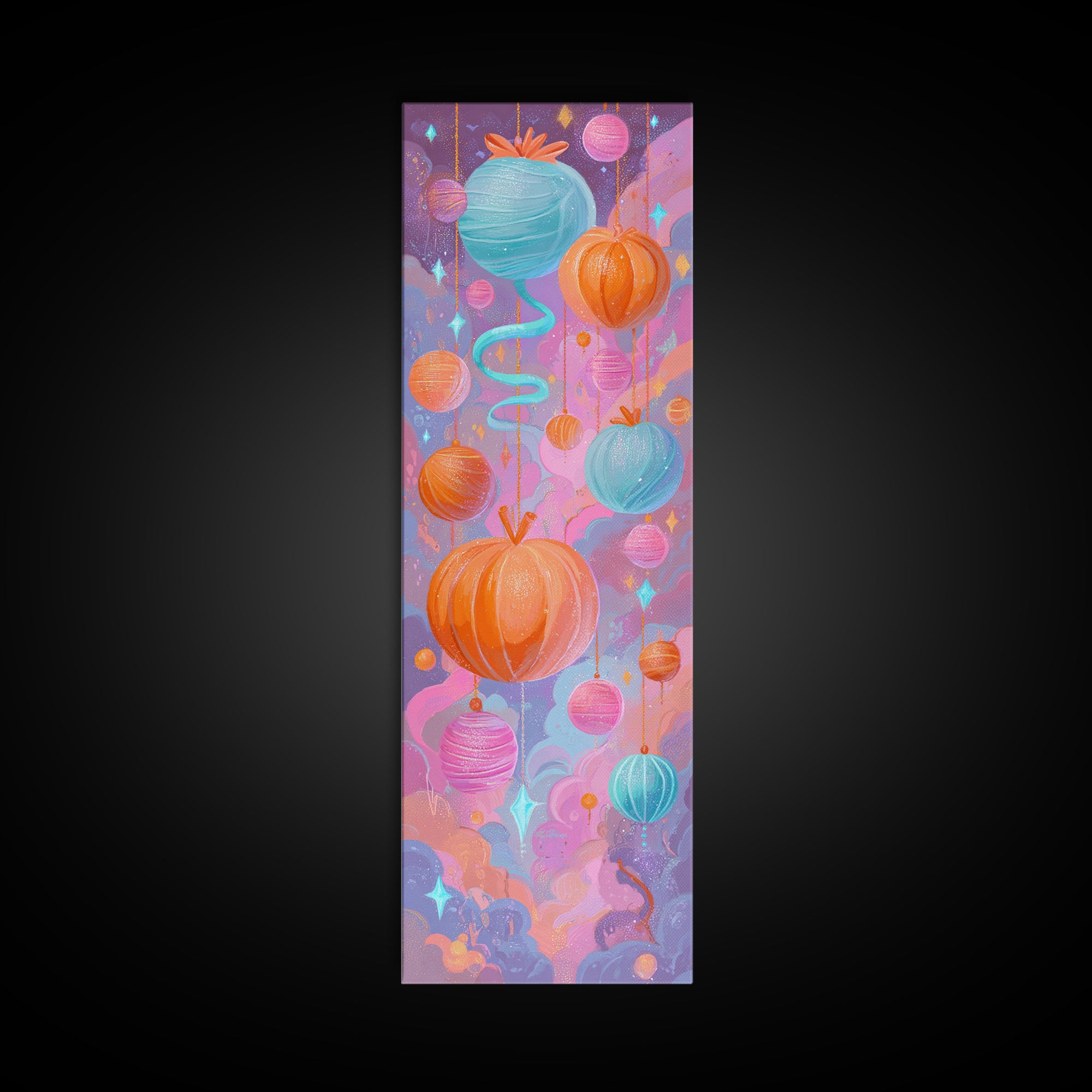The Candy Apple Dance, Cute Spooky Neon Art, Tall Narrow Wall Art, Canvas Print, Retro Halloween Decor, Neon Wall Art, Spooky Wall Decor