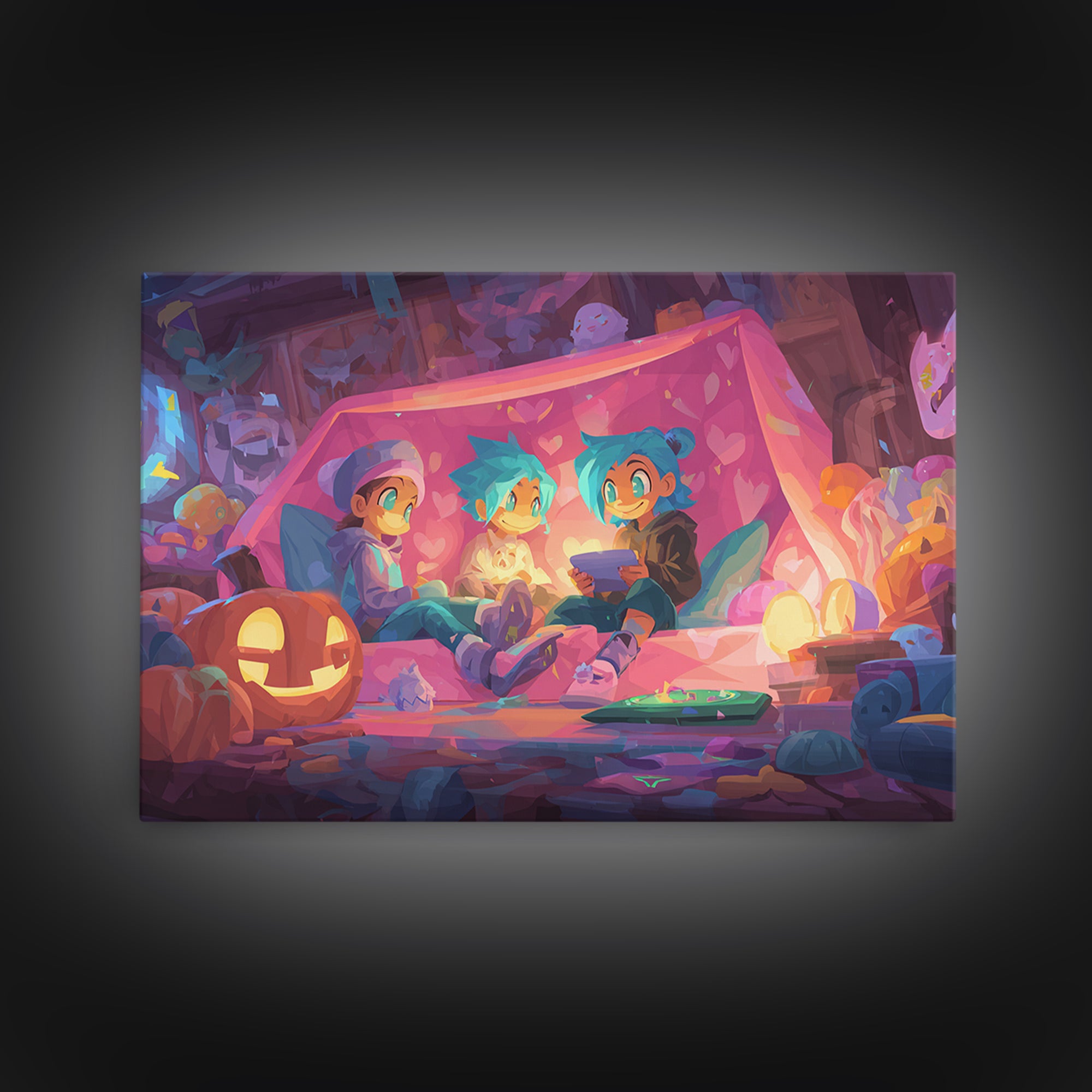 The Halloween Sleepover, 80s Halloween Wall Art, Landscape Wall Art, Framed Canvas Print, Retro Halloween Decor, Neon Wall Art