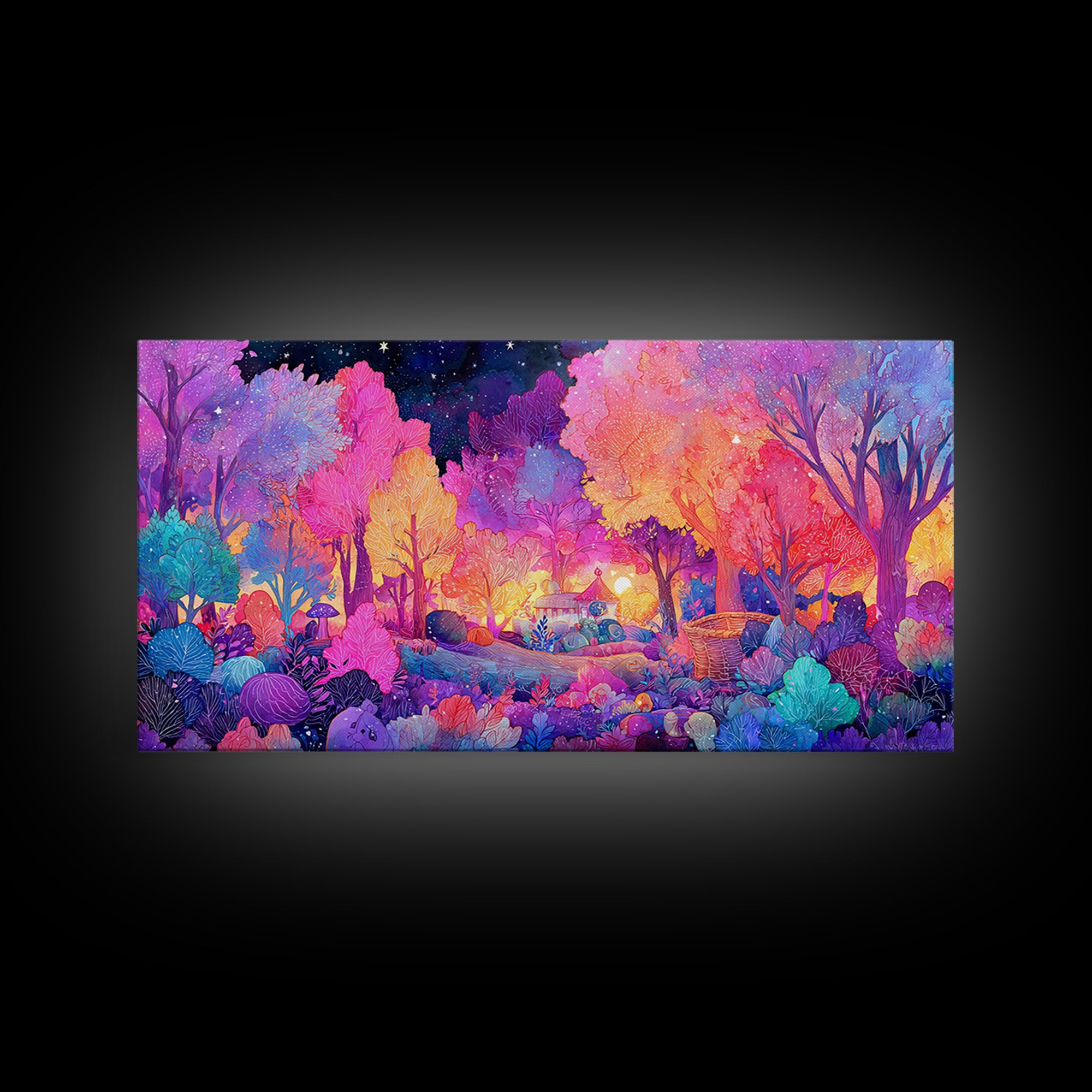 The Moonlit Scavenger Hunt, 80s Halloween Wall Art, Wide Panoramic Art, Canvas Print, Retro Halloween Decor, Neon Wall Art