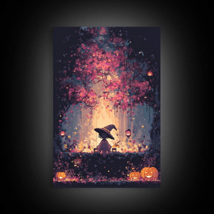 The Witch Hat Ring Toss, Vaporwave Halloween Decor, Vertical Wall Art, Canvas Print, Retro Halloween Decor, Neon Wall Art, Spooky Wall Decor