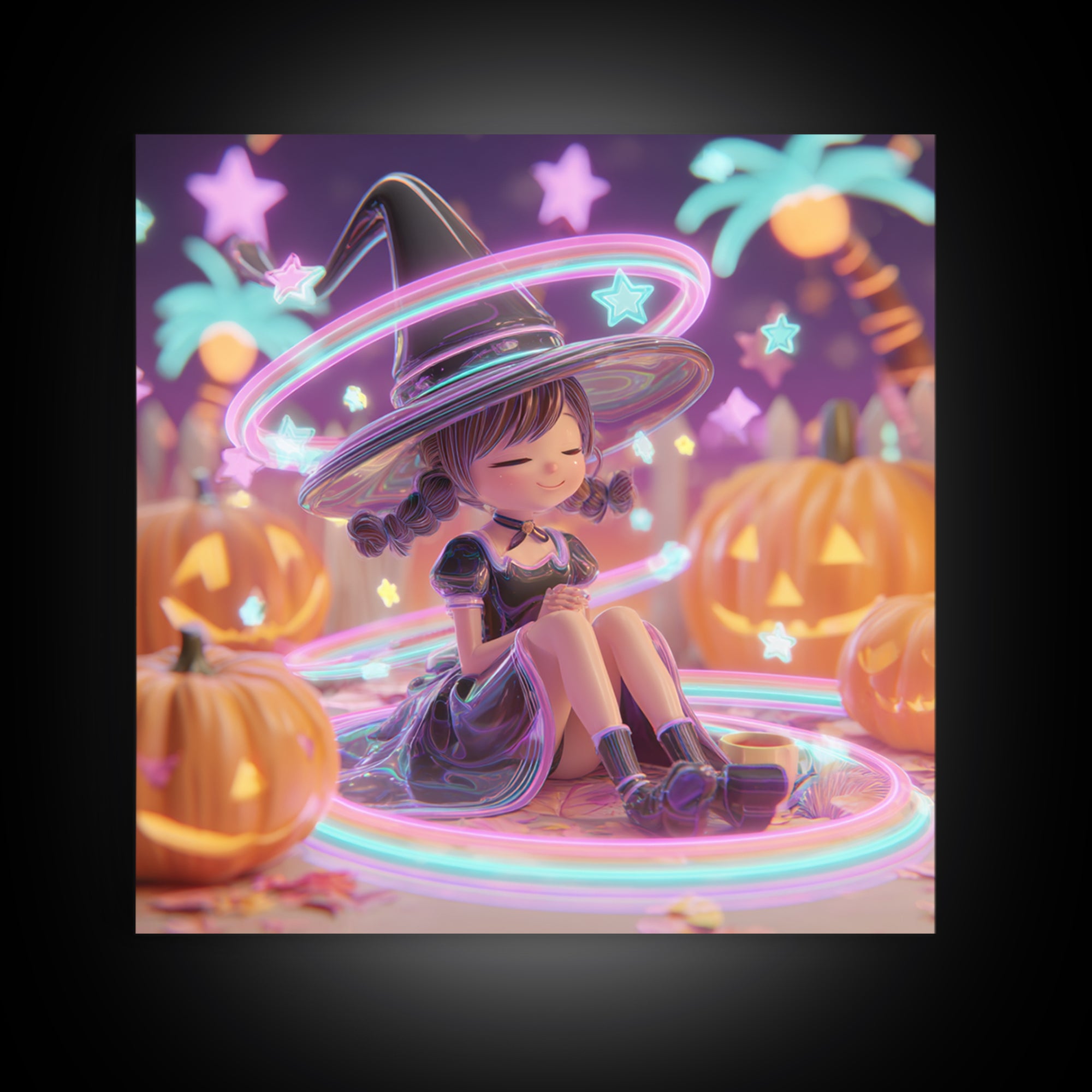The Witch Hat Ring Toss, Retro Neon Halloween Art, Square Wall Art, Canvas Print, Retro Halloween Decor, Neon Wall Art
