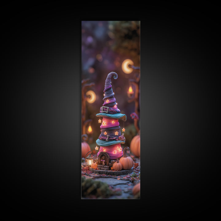 The Witch Hat Ring Toss, 80s Halloween Wall Art, Tall Narrow Wall Art, Framed Canvas Print, Retro Halloween Decor, Neon Wall Art