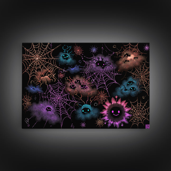 The Great Cobweb Knitting Contest, Vaporwave Halloween Decor, Landscape Wall Art, Canvas Print, Retro Halloween Decor, Neon Wall Art