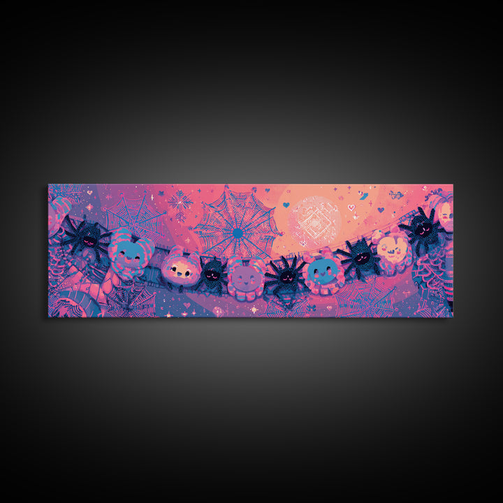 The Great Cobweb Knitting Contest, 80s Halloween Wall Art, Extra Wide Wall Art, Canvas Print, Retro Halloween Decor, Neon Wall Art