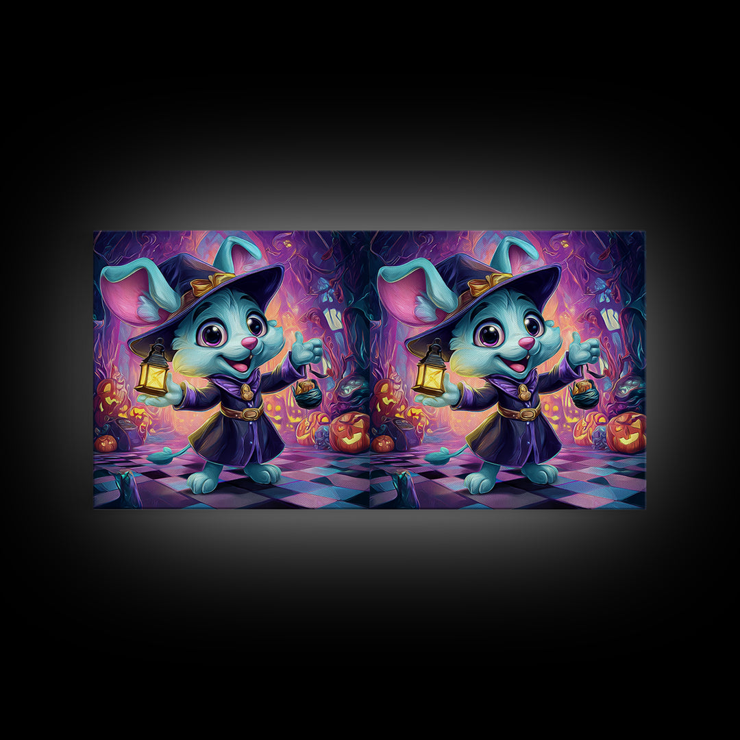 The Halloween Pet Parade, Synthwave Halloween Art, Wide Panoramic Art, Framed Canvas Print, Retro Halloween Decor, Neon Wall Art