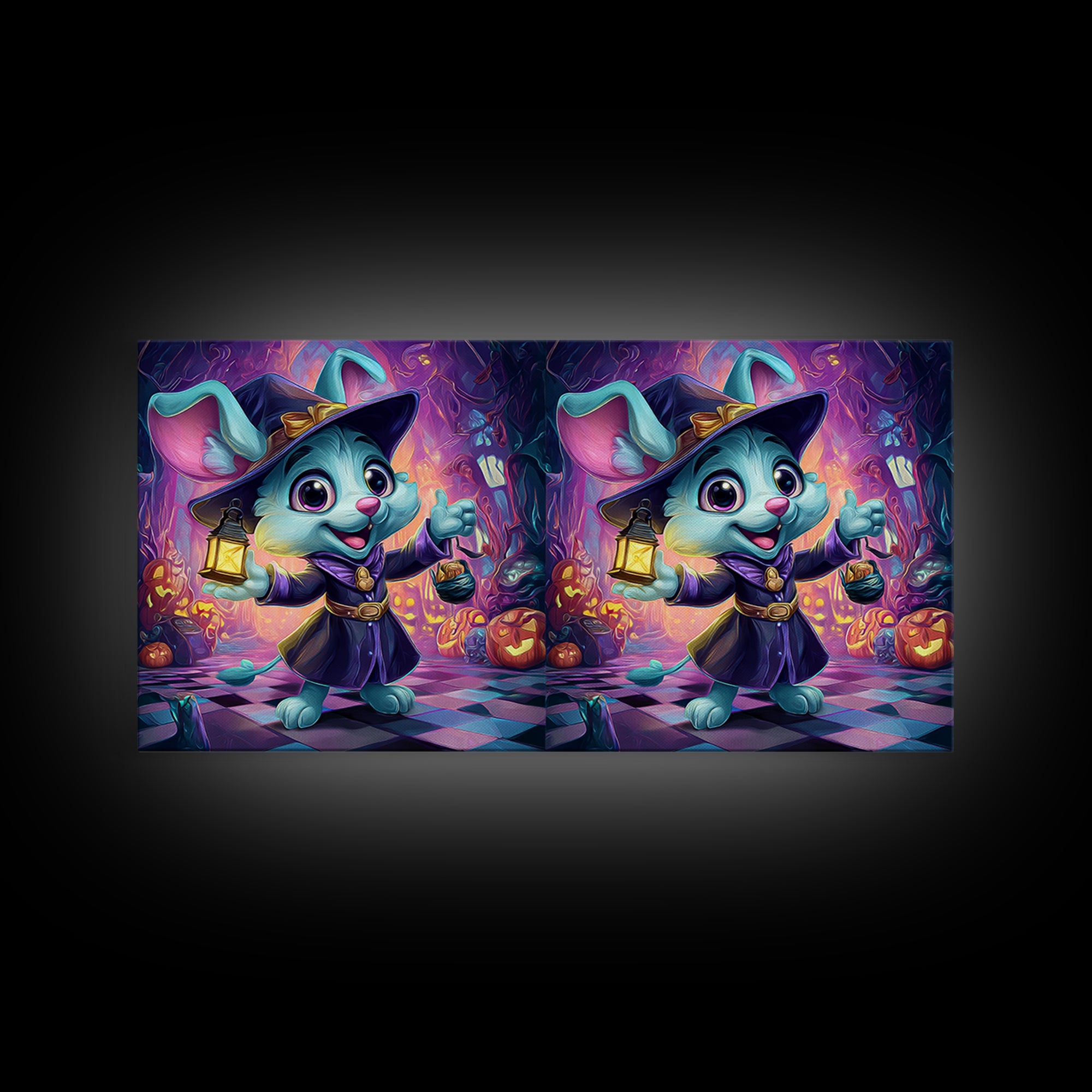 The Halloween Pet Parade, Synthwave Halloween Art, Wide Panoramic Art, Framed Canvas Print, Retro Halloween Decor, Neon Wall Art