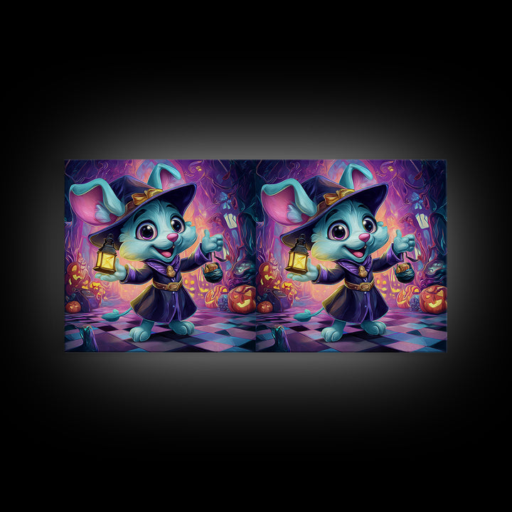 The Halloween Pet Parade, Synthwave Halloween Art, Wide Panoramic Art, Framed Canvas Print, Retro Halloween Decor, Neon Wall Art