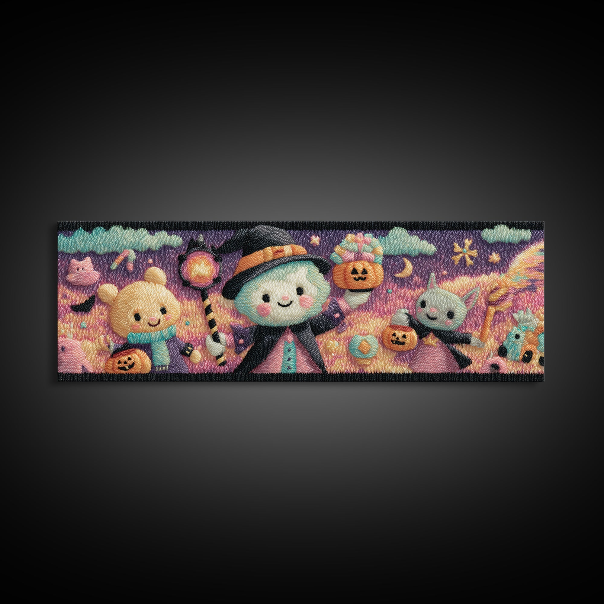 The Halloween Pet Parade, Vaporwave Halloween Decor, Extra Wide Wall Art, Framed Canvas Print, Retro Halloween Decor, Neon Wall Art