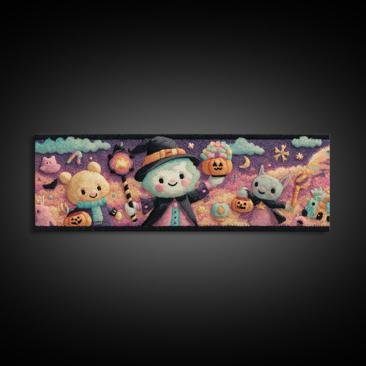 The Halloween Pet Parade, Vaporwave Halloween Decor, Extra Wide Wall Art, Framed Canvas Print, Retro Halloween Decor, Neon Wall Art