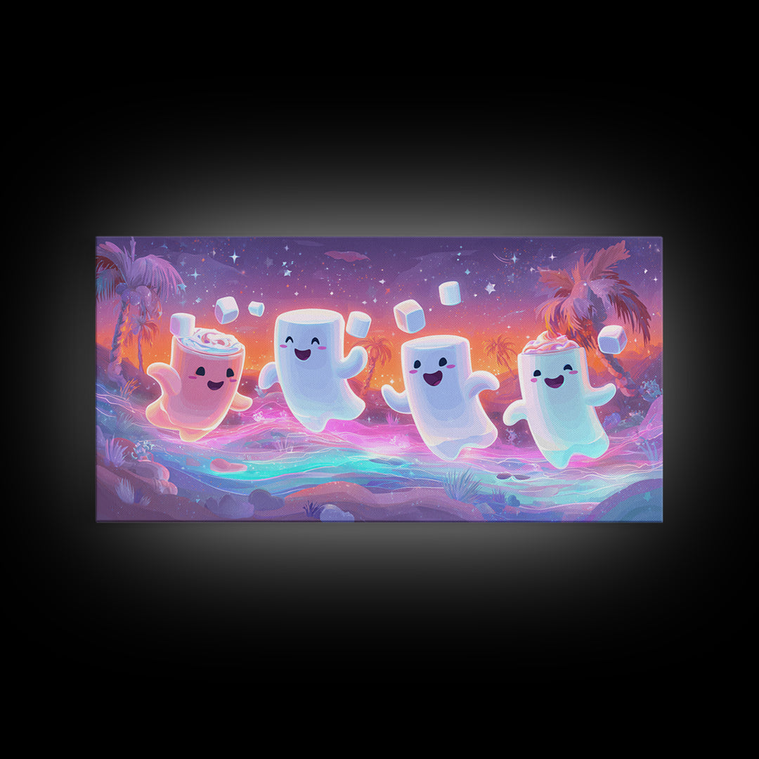 The Midnight Cocoa Party, Vaporwave Halloween Decor, Wide Panoramic Art, Framed Canvas Print, Retro Halloween Decor, Neon Wall Art