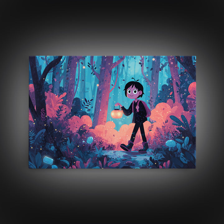 The Firefly Lantern Forest, Cute Spooky Neon Art, Landscape Wall Art, Canvas Print, Retro Halloween Decor, Neon Wall Art