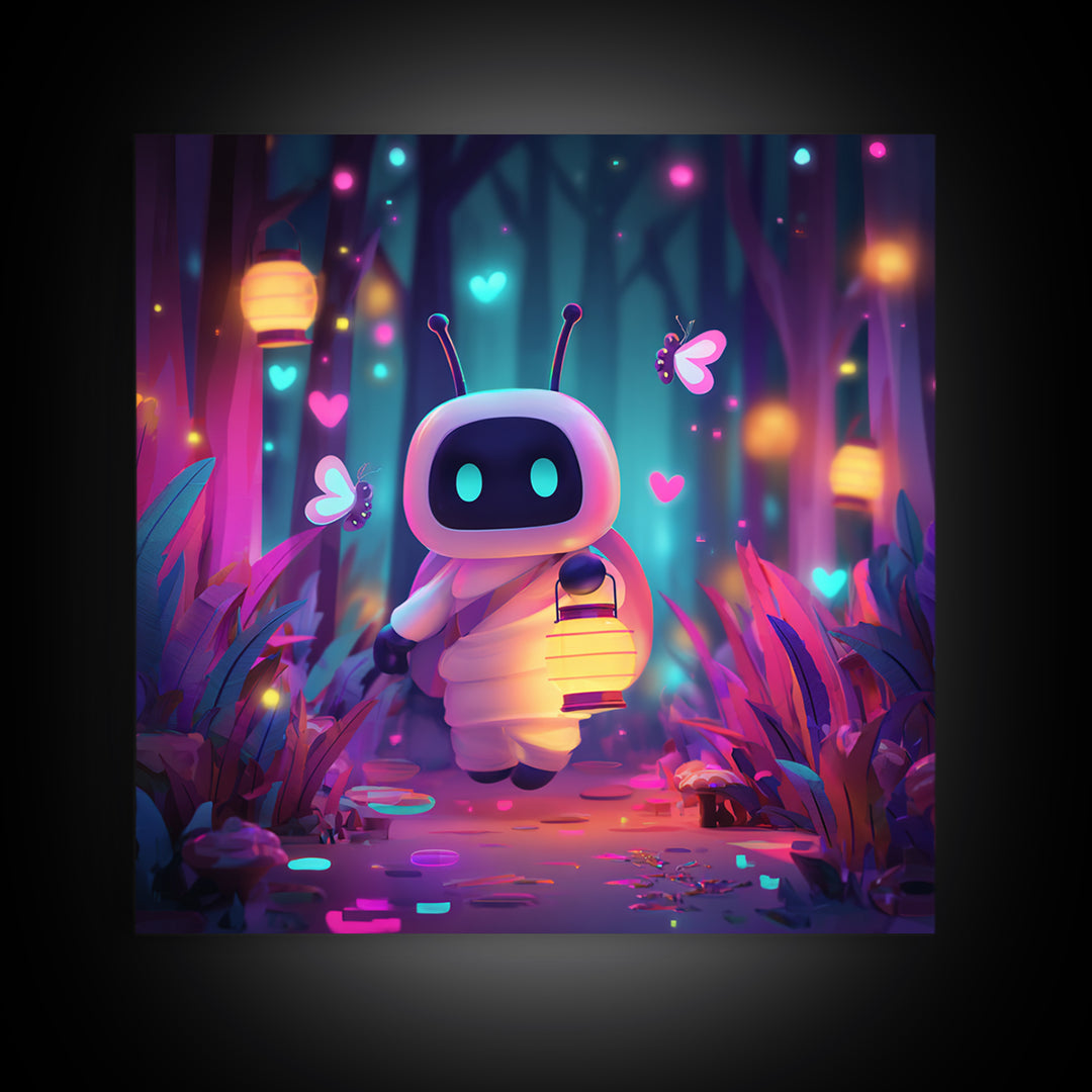 The Firefly Lantern Forest, Retro Neon Halloween Art, Square Wall Art, Framed Canvas Print, Retro Halloween Decor, Neon Wall Art